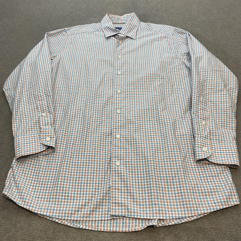 Eton Contemporary Dress Shirt Blue Brown Check Luxury Cotton Mens Large 16.5 42